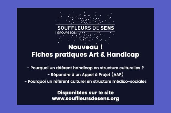 Visuel fond bleu avec le titre des fiches disponibles sur le site : -Pourquoi un référent handicap en structure culturelle ?   -Répondre à un Appel à Projet (AAP)  -Pourquoi un référent culturel en structure médico-sociales