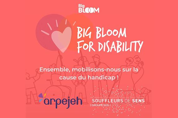 Affiche Big Bloom For Disability. Fond rose orangé avec en surimpression un dessin représentant adultes et enfants en situation de handicap. Tous regardent vers deux ballons où se dessine un cœur. Ils sont tenus par, l'un assis en siège roulant et l'autre debout, un enfant lève une plante vers le ciel, à côté un couple de mal-voyant accompagné de leur chien. Sur l'affiche "Ensemble, mobilisons-nous sur la cause handicap !"