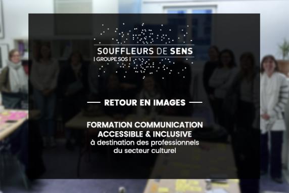 photo fond flou du groupe des participantes et des formateurs émilie Bougouin, Victor Dobin et Gwenaëlle Brochoire au sein de siège Souffleurs de Sens, dessus un cadre noir où est inscrit en lettres blanches l'intitulé de la formation.