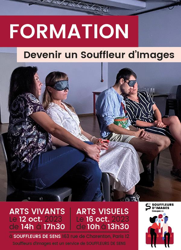 Photo couleur pendant une formation au Soufflage, Celle ci représente deux binômes assis. Dans chacun d'entre eux, l'un des participants à les yeux bandés et l'autre lui souffle à l'oreille.