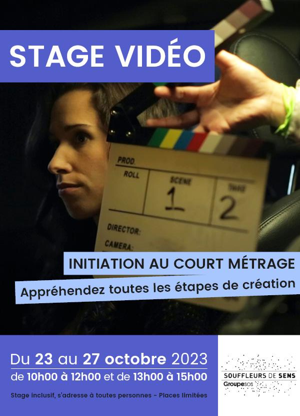 Visuel en 3 parties : la première dans bloc de couleur bleu foncé l'intitulé STAGE VIDEO. Au centre une photo en couleur représentant le visage au trois quart d'une jeune femme avec un clap devant elle où est inscrit scène 1, prise 2. Par dessus une phrase d'accroche " initiation au court métrage inscrit en lettres noires dans cadres bleus clair légèrement en biais. Sur la dernière partie, scindée en deux, toutes les infos dates et horaires dans un cadre bleu foncé puis à droite sur fond blanc le logo souff