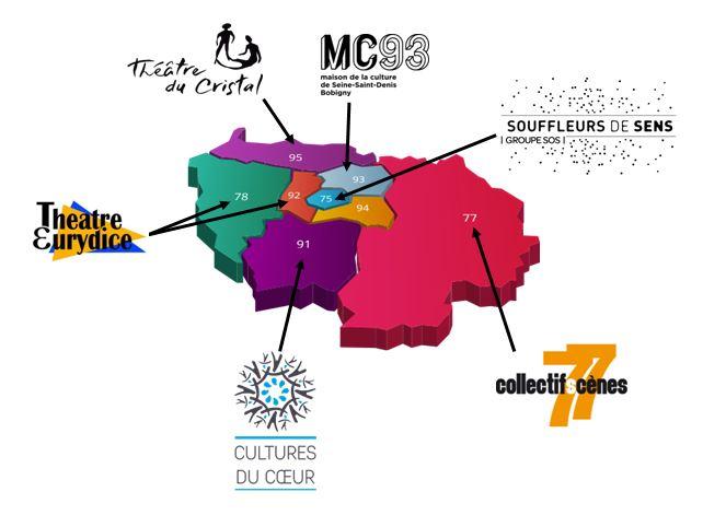 Carte de la région Ile de France représentant les partenaires de Image le Réseau, pour le 77 le Collectif Scènes 77 pour le 78 et 92, le Théâtre Eurydice, pour le 91, Culture du Coeur, pour le 93 la MC 93, pour le 95, le théâtre de Cristal et pour le 75, Souffleurs de Sens