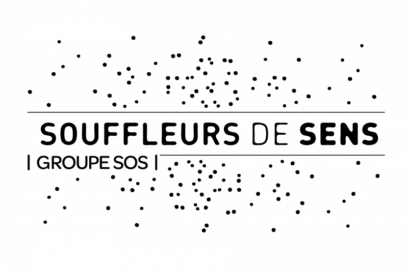 Logo Souffleurs, devant un nuage de point noir s'affiche en lettre capitale la mention Souffleurs de Sens Groupe SOS